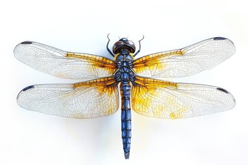 A close-up shot of a dragonfly with vibrant orange and blue wings on a clean white background