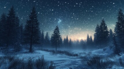 Fototapeta premium A snowy pine forest under a starlit, winter sky.