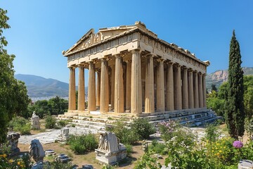 Ancient Greek temple towering marble columns statues and lush gardens under a bright blue sky
