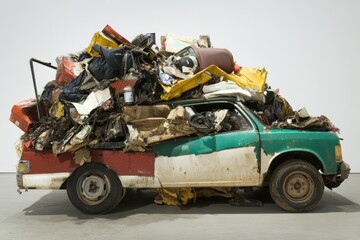 A truck loaded with trash and debris, parked in a parking area
