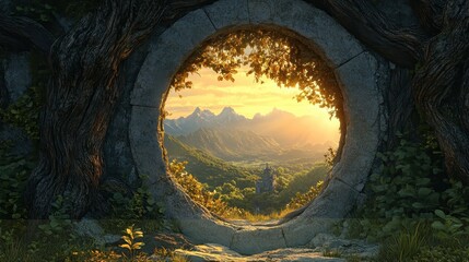A whimsical scene with a keyhole revealing a magical landscape beyond a plain door.
