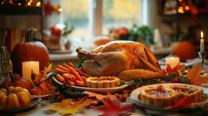 Cozy Thanksgiving Scene in Canada Featuring a Roast Turkey and Festive Decorations