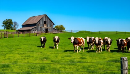 Cattle grazing near a weathered barn under a clear blue sky in a peaceful rural setting