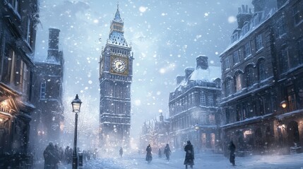 Fototapeta premium An iconic clock tower at the heart of a snow-covered city, its bells ringing through the frosty air as people walk below.