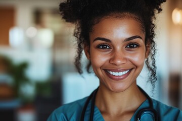 Fototapeta premium close-up of smiling nurse holding stethoscope bright hospital background with blurred elements warm and caring atmosphere