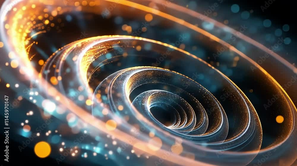 Poster big data is visualized as a swirling vortex of orange and blue particles, creating a mesmerizing abs