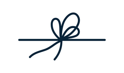 Knot, string bow. Rope, thin ribbon tying. Simple line cord, lace decoration. Decorative twine, festive adornment for presents and gifts. Vector graphic illustration isolated on white background