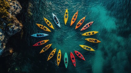 Aerial view of multiple kayaks arranged in a circle, creating a colorful pattern on the water.