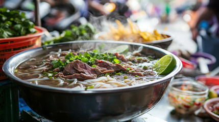 Obraz premium Bustling Vietnamese Street Food Stall with Steaming Noodle Bowl and Fresh Herbs