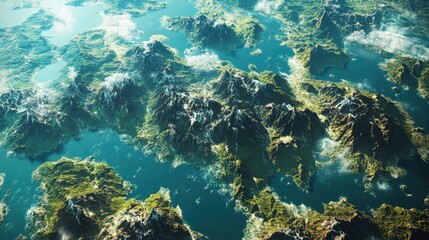 Fototapeta premium An overhead view of a continent experiencing a crustal imbalance, where mountains rise and valleys form as tectonic plates push against each other