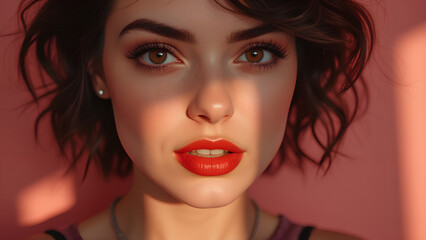 Fototapeta premium brown eyes red lips girl background with glass lens