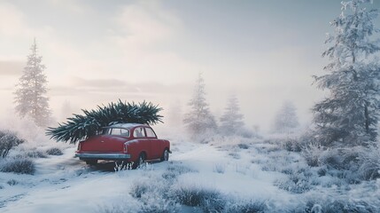 Red Classic Car Carrying Christmas Tree In Snowy Forest