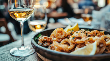 Crunchy Golden Fritto Misto with Wine in Cozy Italian Trattoria Setting