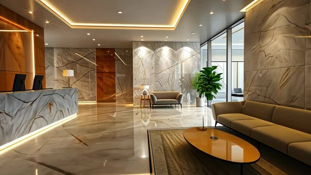 Luxury hotel lobby showcasing modern design and elegant lighting in a spacious setting