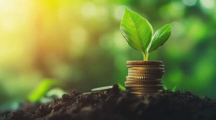 Small plant sprouting from stacked gold coins in soil, symbolizing financial growth, sustainability, and environmental investment. Concept of green economy, eco-finance, and wealth growth.
