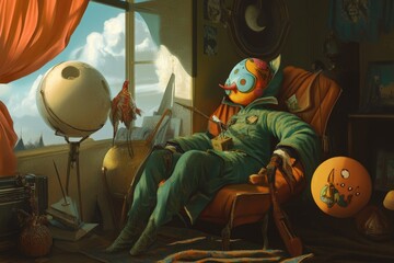 A clown sitting in a chair in front of a window, perfect for illustrations, presentations or social media posts