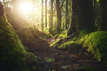 Fototapeta premium A warm and cozy scene of sunlight shining through the trees in a dense forest