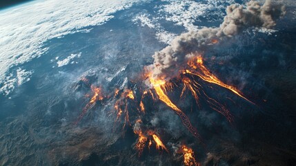 Earth's crust experiencing an imbalance that leads to volcanic eruptions, with lava flowing from deep fissures in the earth and ash clouds filling the sky.