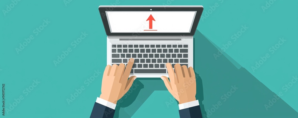 Poster hands typing on a keyboard while confirming account submission on an online platform with a progress
