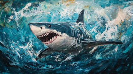 Obraz premium Majestic shark swimming in turbulent sea waves, showcasing its power and grace
