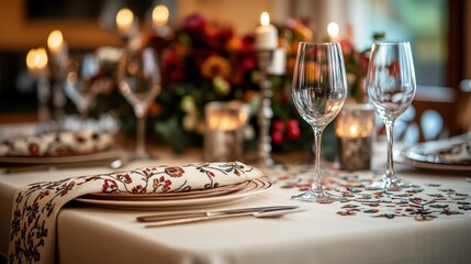 Beautifully embroidered tablecloth featuring traditional patterns, enhancing a festive dining setup.