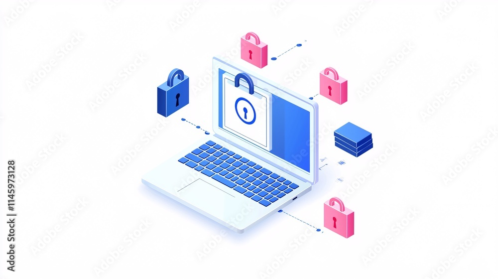 Wall mural professional workspace with a laptop showing an online security verification page and a padlock icon