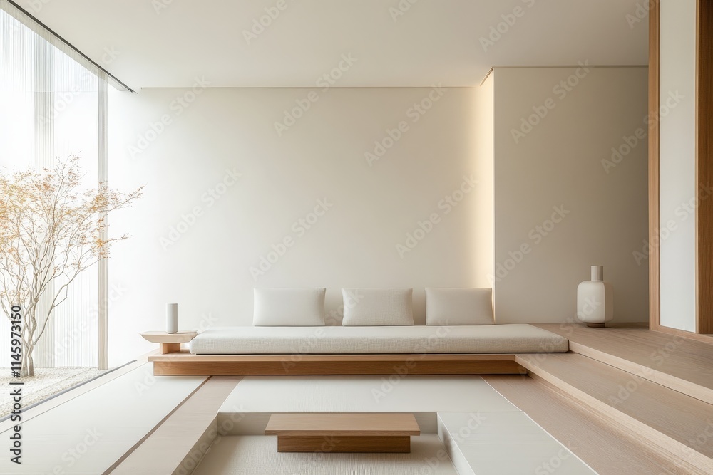 Poster this modern living room showcases a serene, minimalistic design with natural elements and floor seat
