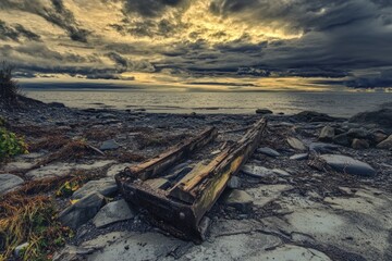 Obraz premium A wooden bench situated on the edge of a rugged coastline, surrounded by natural beauty