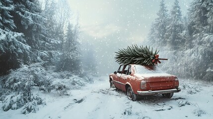 Rusted Car Hauls Christmas Tree Through Snowy Forest