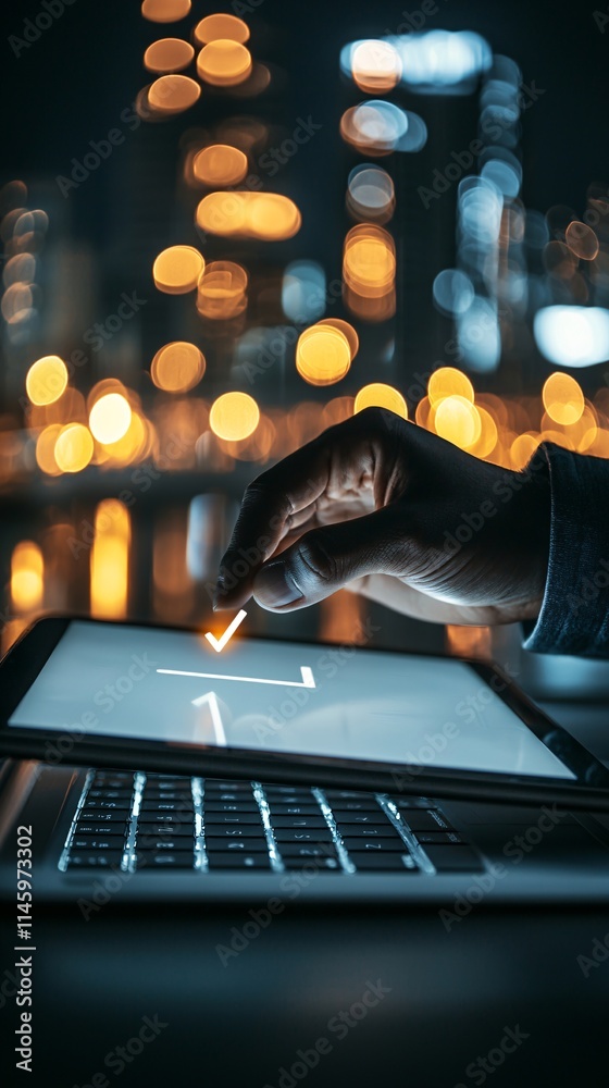 Poster an individual completing the final step of a secure online submission process on a tablet, focusing 