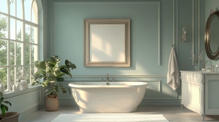 Fototapeta premium Bright bathroom with an empty frame above the vanity