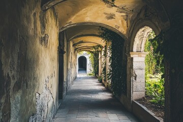 Fototapeta premium A long, dimly lit hallway with an old-fashioned clock on the wall