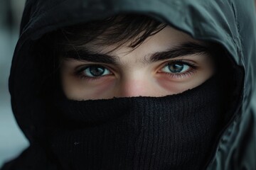 Fototapeta premium A close-up photograph of a mysterious figure with striking eyes, wearing a black hood and face mask outdoors, creating an enigmatic, intriguing atmosphere in muted colors.