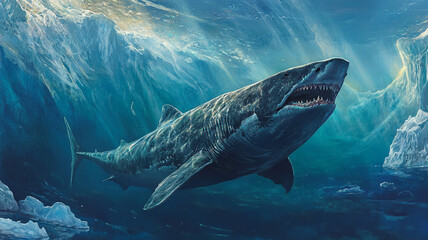 Naklejka premium Massive Greenland shark swimming in deep Arctic waters, showcasing its size and power