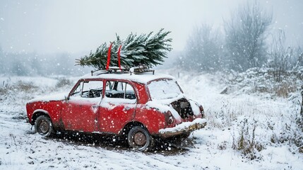 Rusted Red Car Carrying Christmas Tree In Snowy Landscape