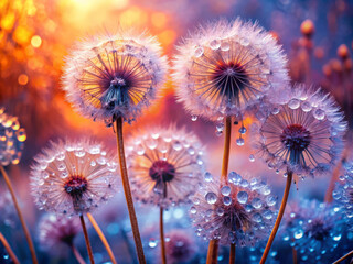 Glistening dandelions with dew drops shine in misty background, creating magical atmosphere. vibrant colors enhance beauty of nature delicate details