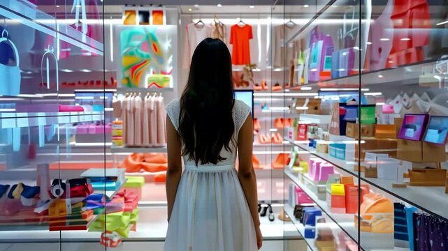 Consumer engaging with an interactive digital display in a futuristic retail space.