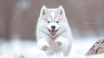 Naklejka premium Adorable husky puppy running in snow.