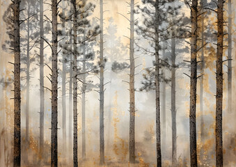 Obraz premium Malowniczy las sosnowy spowity mgłą, tworzący tajemniczą i spokojną atmosferę.