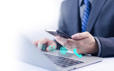 Businessman contact customer support, email help concept, website, digital technology of business...