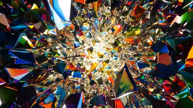A dynamic burst of vibrant glass shards in various shapes and colors radiating outward, capturing light reflections and creating a dazzling, energetic composition