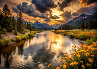serene river flows through vibrant landscape, surrounded by mountains and blooming flowers under dramatic sunset sky. scene evokes tranquility and natural beauty