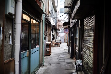 Cozy outdoor seating area with tables and chairs in a narrow alley, perfect for cafe or restaurant use