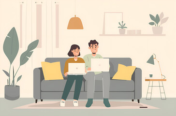 Ilustracja przedstawiająca parę siedzącą na kanapie w przytulnym, nowoczesnym wnętrzu. 