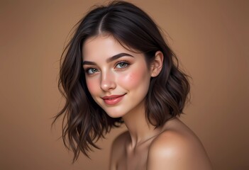 Smiling Woman with Natural Makeup and Short Hair Against Brown Background