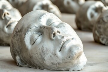 A sculpture of a man's head surrounded by other sculptures, great for artistic or cultural concepts