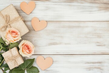 Two delicate roses and two vibrant hearts rest on a rustic white wooden table, embodying the essence of love and romance this Valentine's Day.