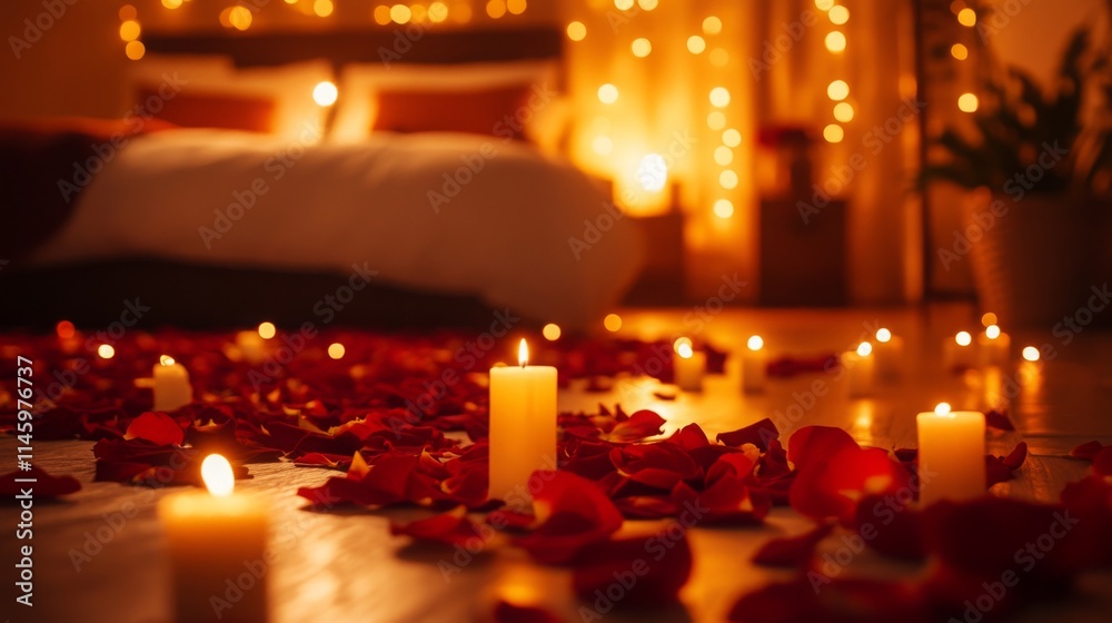 Aufkleber soft candlelight illuminates a bedroom adorned with scattered rose petals, creating an intimate and 
