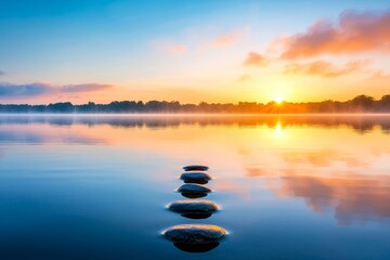 Mind Connection concept. Majestic Sunrise Over Calm Lake with Stones Creating a Pathway to a Peaceful Dawn Reflection