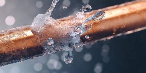 Water flows from a ruptured copper water pipe that suffered damage due to freezing ice. The burst copper water pipe illustrates the impact of freezing ice on plumbing systems.